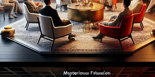 A luxurious room blending Western boldness and Eastern delicacy, featuring diverse characters in a playful, suggestive interaction.