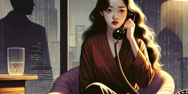 A young Asian woman in a dimly lit room, engaged in a tense phone call, exuding excitement and nervousness.