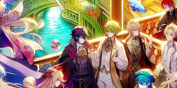 A vibrant fantasy scene featuring diverse characters in playful interactions within a whimsical, dreamlike environment.