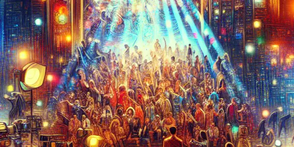 A vibrant film studio set featuring diverse actors in stylish costumes engaged in lively discussions and rehearsals.