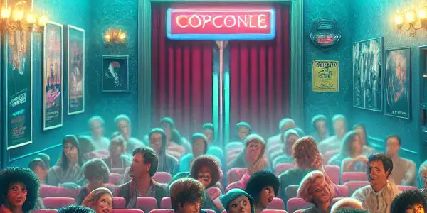 A retro movie theater showcasing 1980s Korean erotic cinema, with diverse audiences and nostalgic decor.