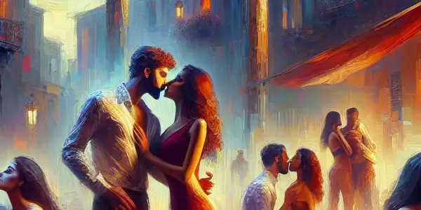 A vibrant scene of intimate figures in an ornate European setting, conveying emotion and connection through rich colors.