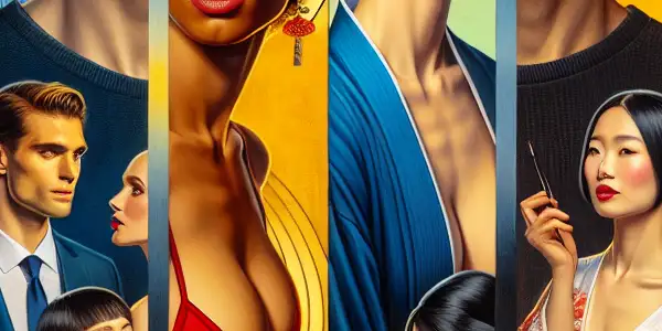 A split scene showcasing Western and Eastern adult entertainment cultures, featuring glamorous and playful themes with contrasting aesthetics.