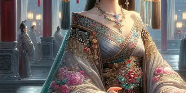An elegant woman in luxurious Tang Dynasty attire, set in an opulent palace, hints at forbidden romance.