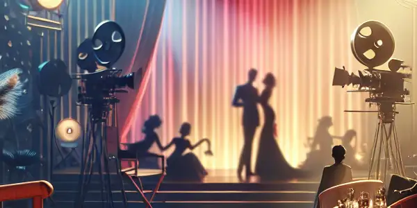 A glamorous film set featuring silhouettes of couples in elegant outfits, evoking romance and passion in adult cinema.