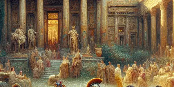 A vibrant scene of elegantly dressed Roman courtiers in a historical palace, blending ancient opulence with playful modernity.