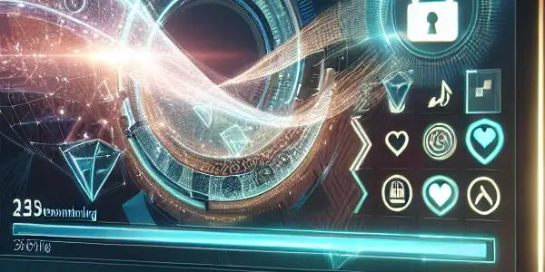 A modern computer screen displaying a vibrant download interface in a cozy, inviting room.