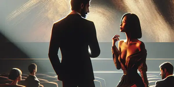 A stylish couple in a dimly lit theater, engaged in intimate conversation, with abstract sensual imagery on screen.