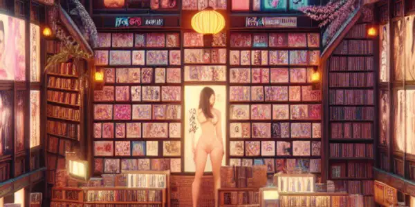 A vibrant online marketplace filled with diverse adult entertainment media, featuring curious shoppers in a seductive atmosphere.