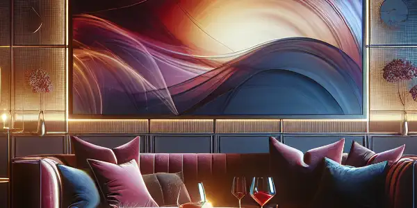 A luxurious lounge scene featuring a plush velvet sofa, abstract visuals, warm lighting, and elegant decor.