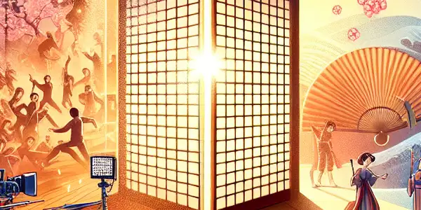 A split scene contrasting a modern adult film set with a vibrant atmosphere and a detailed, warm Japanese AV film set.