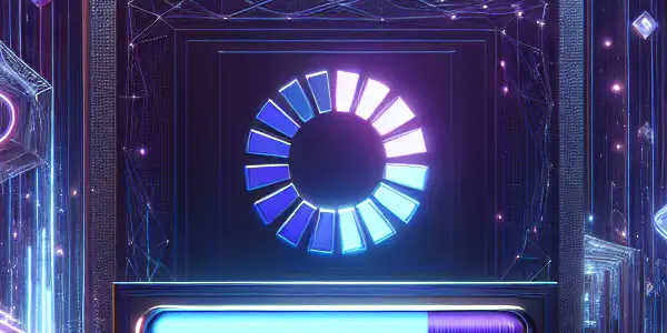 A futuristic workspace featuring a sleek computer interface with neon lights, vibrant loading bar, and floating digital icons.