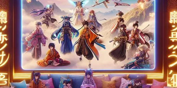 A vibrant, futuristic room featuring interactive screens and elegantly designed characters in a seductive, immersive gaming environment.