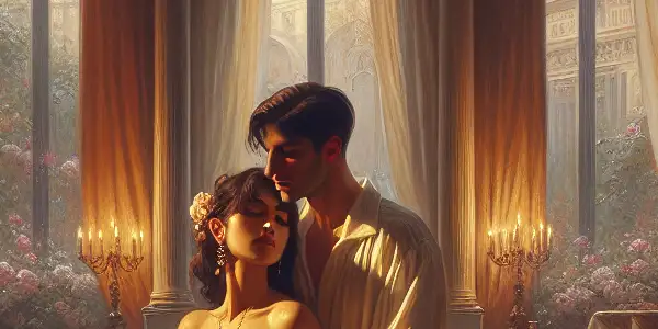 A couple in an intimate embrace within a romantic, elegantly decorated European interior.