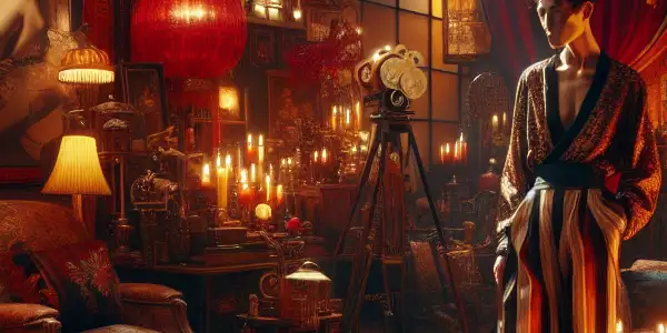 An opulent, dimly-lit room featuring a confident figure in traditional attire, evoking Shaw Brothers' erotic cinema and storytelling.