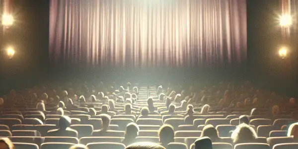 A luxurious movie theater scene with adults engaged in conversation, captivated by a steamy film on screen.