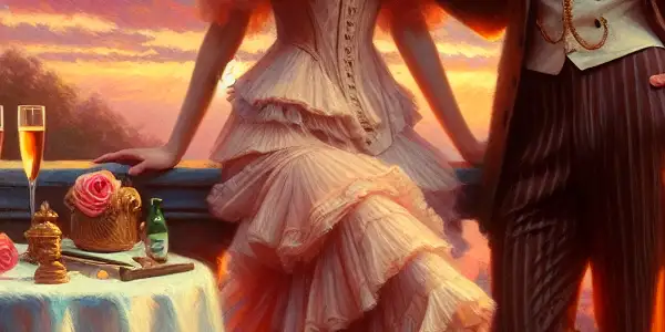 A couple on a balcony at sunset, sharing an intimate moment with champagne and roses, evoking cinematic romance.