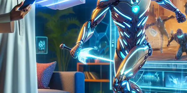 A cozy living room with a viewer interacting with holographic sci-fi elements, including a cybernetic warrior and glowing energy sword.