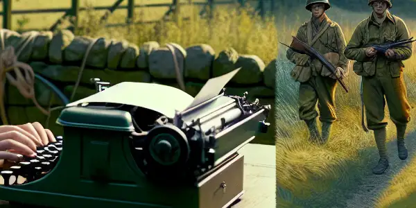 A young girl with a typewriter in a green countryside, overshadowed by a couple's sorrowful embrace and distant war silhouettes.