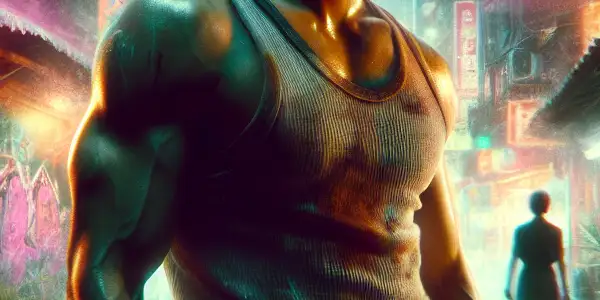 Ah Hu, a determined boxer in a gritty urban alley, surrounded by neon lights and graffiti, symbolizing his transformation.