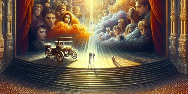 A dramatic movie theater filled with a diverse audience captivated by an emotional film scene on a vibrant screen.