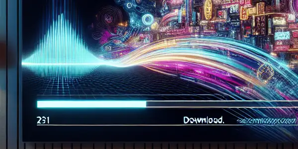 A modern living room featuring a large screen with abstract cinematic elements and a laptop showing a download progress bar.