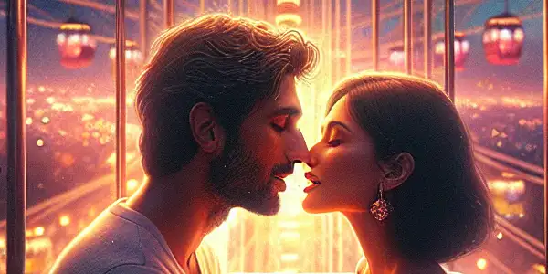 A couple shares an intimate moment inside a colorful Ferris wheel cabin against a starry night cityscape.