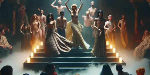 An intimate underground club featuring captivating erotic performances, vibrant costumes, and a curious audience in a sultry atmosphere.