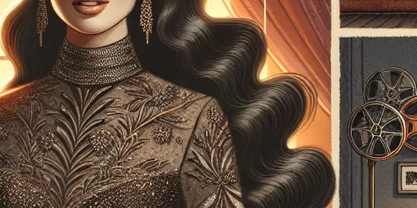 A glamorous woman in a luxurious room exuding sophistication and allure, surrounded by elegant decor and cinematic hints.