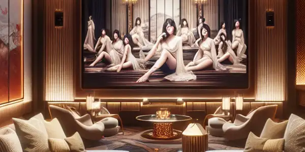A luxurious room with elegant furnishings, featuring a large screen displaying alluring models in a sensual atmosphere.