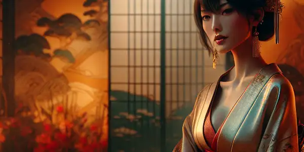 A sultry scene featuring 松坂庆子 in a traditional Japanese room, exuding elegance and allure.