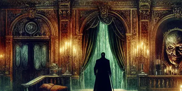 A mysterious figure in a dark mansion surrounded by blood-stained walls and ghostly, anguished apparitions.