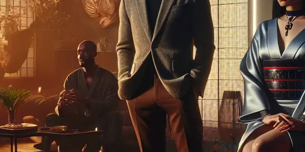 A diverse group engages in playful role-playing in a dimly lit room filled with erotic props and costumes.