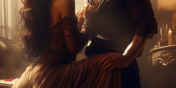 A couple in a dimly lit room, expressing longing and unfulfilled desire amidst a romantic yet melancholic atmosphere.