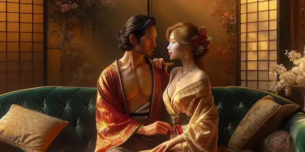 An intimate scene featuring a Japanese figure in a kimono and a European figure in an evening gown, surrounded by elegant decor.