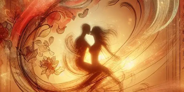 A softly lit room with intertwined silhouettes, warm hues, and flowing fabric evokes intimacy and desire.