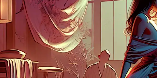 A couple shares an intimate moment of flirtation in a dimly lit, romantic room.