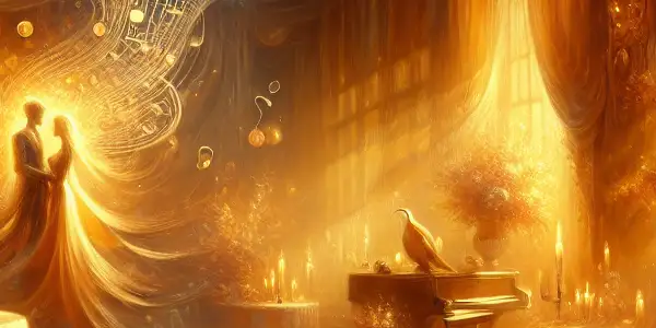 A sunlit room filled with warm golden and orange hues, symbolizing passion and intimacy, with romantic elements.